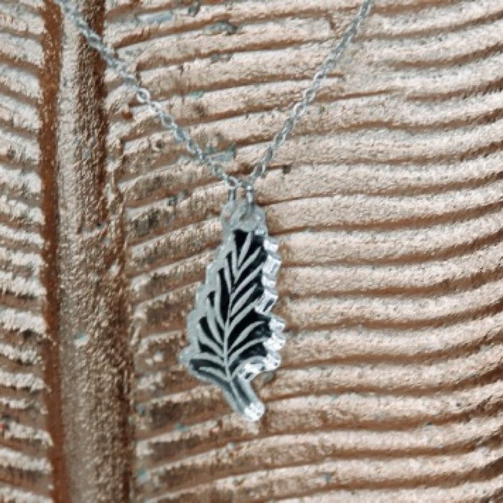 Leaf Necklace - Silver Acrylic Pendant with 18 inch Silver Chain